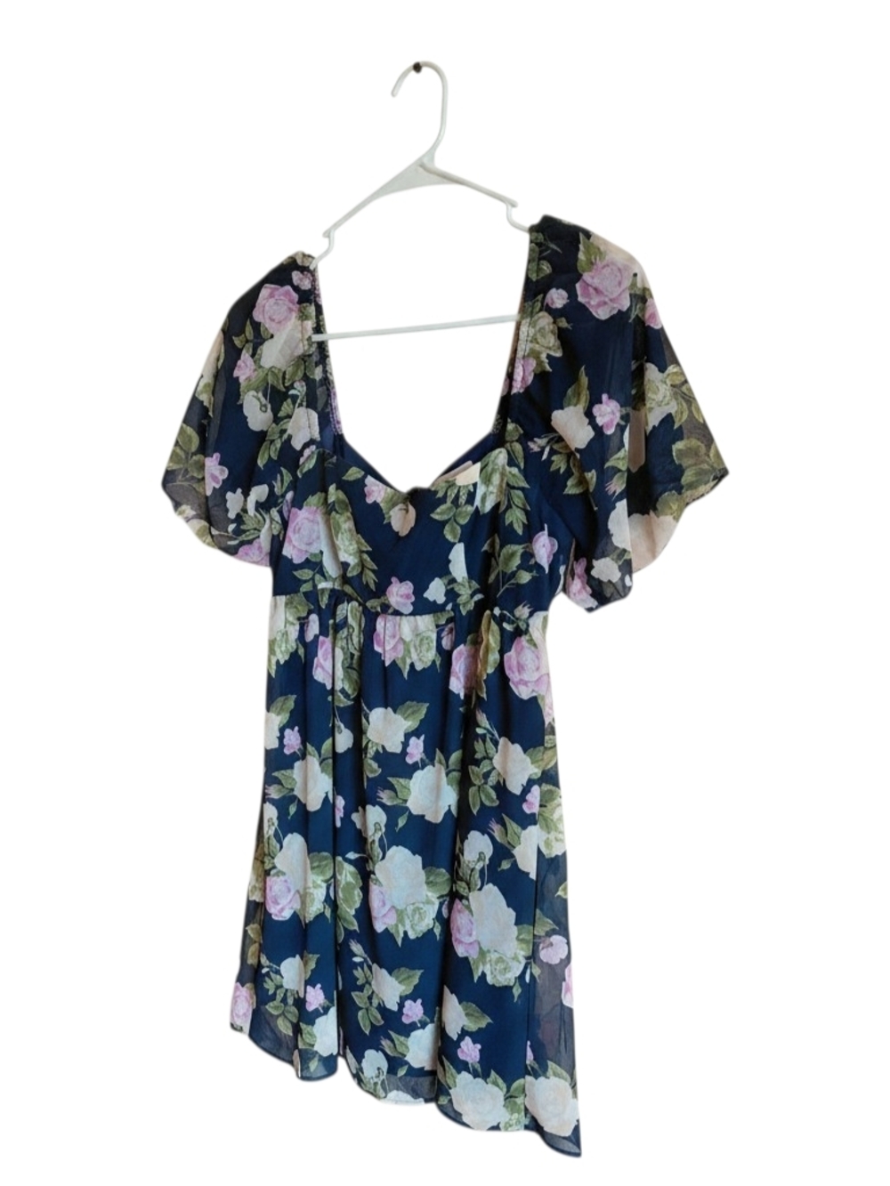 Floral Navy Short Dress with Puff Sleeves